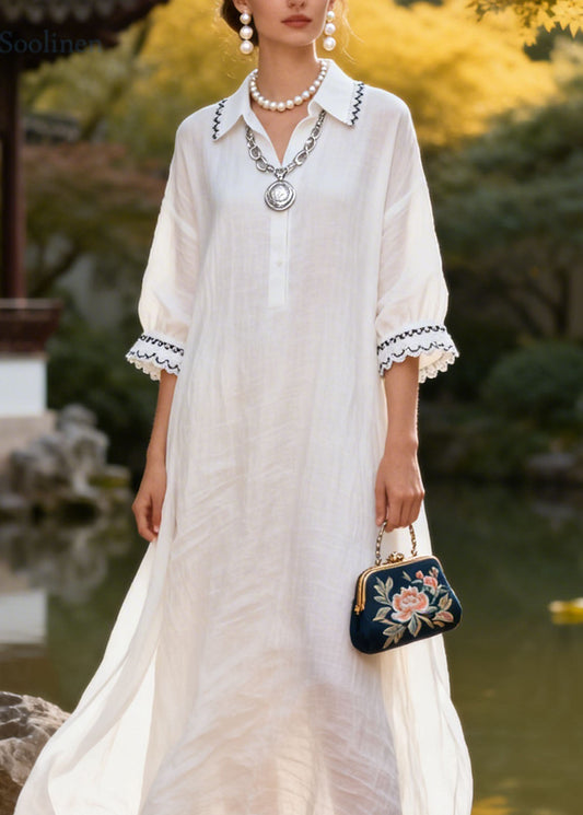 Natural White Peter Pan Collar Lace Patchwork Cotton Dress Summer