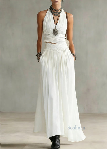 Natural White V Neck Wrinkled Top And Maxi Skirts Two Pieces Set Summer
