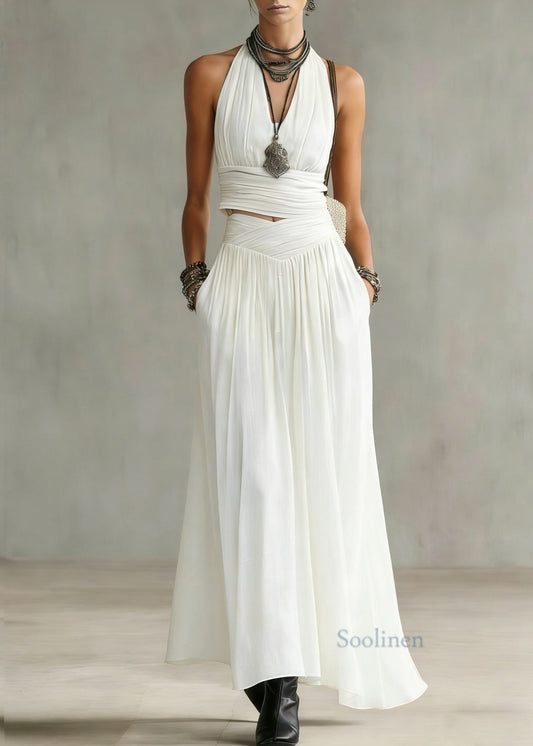 Natural White V Neck Wrinkled Top And Maxi Skirts Two Pieces Set Summer