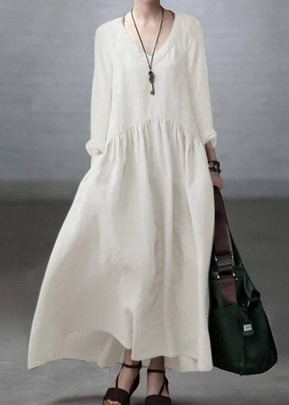 Natural White Wrinkled Patchwork Maxi Dress Long Sleeve