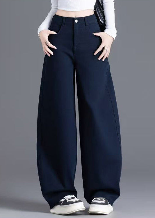Navy Button Pockets Solid Denim Wide Leg Pants High Waist