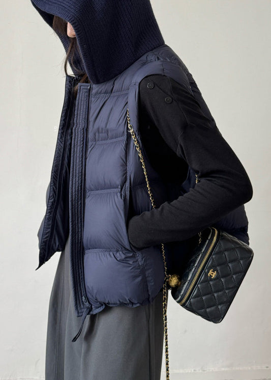Navy Drawstring Solid Patchwork Duck Down Waistcoat Zippered Winter