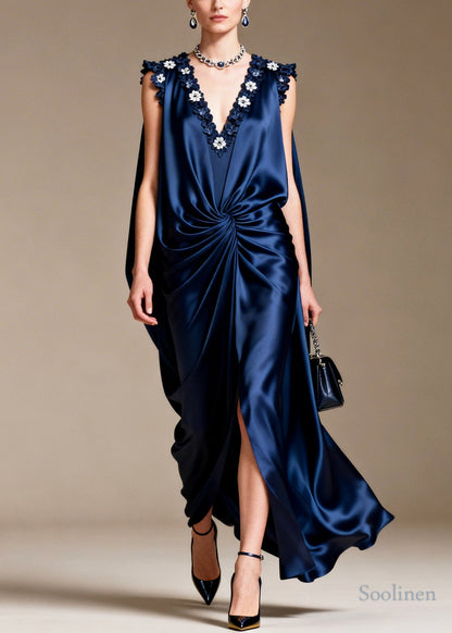 Navy Floral Silk Long Dress Asymmetrical Design Sleeveless