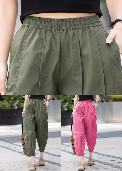 New Army Green Wrinkled Pockets Cotton Crop Pants Summer