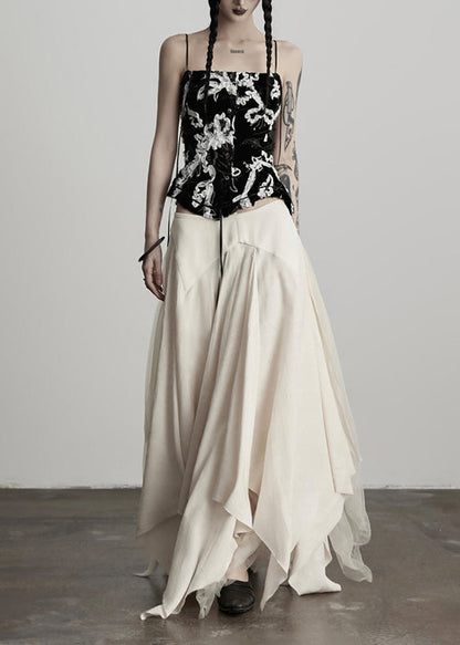 New Beige Asymmetrical Tulle Patchwork Linen Silk Skirt Spring