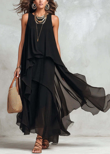 New Black Asymmetrical Design Patchwork Chiffon Dresses Sleeveless