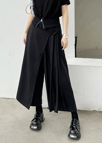 New Black Asymmetrical Pleated Ribbon Splicing Fake Two Piece Wide Leg Pants