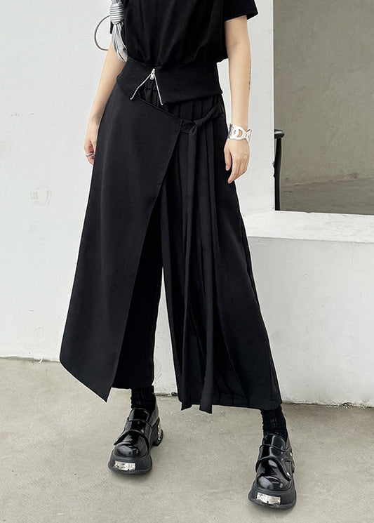 New Black Asymmetrical Pleated Ribbon Splicing Fake Two Piece Wide Leg Pants