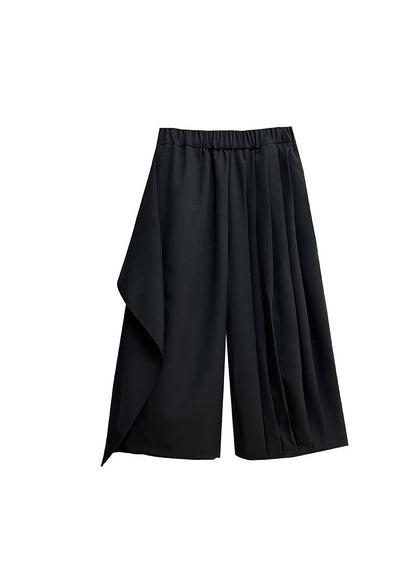 New Black Asymmetrical Pleated Ribbon Splicing Fake Two Piece Wide Leg Pants