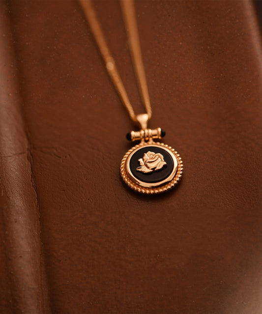 New Black Onyx Roses Adjustable14K Gold Pendant Necklace