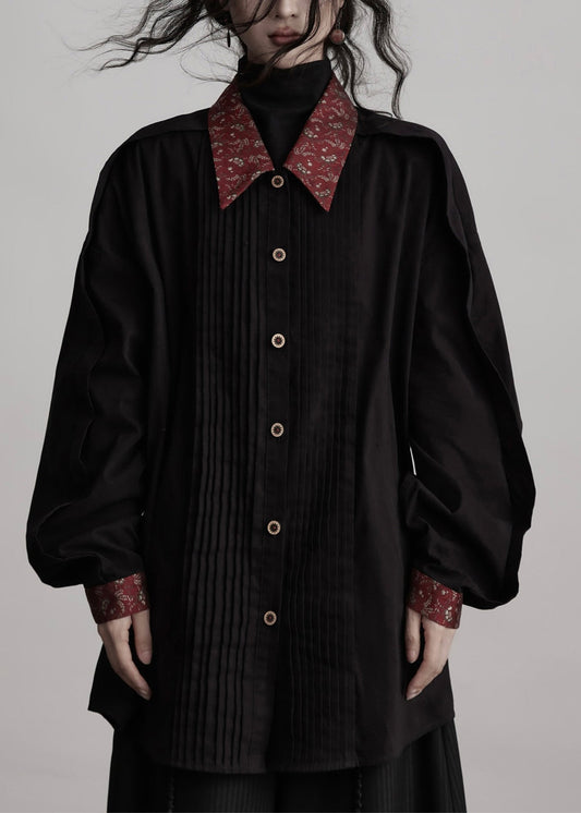 New Black Peter Pan Collar Wrinkled Patchwork Cotton Shirts Top Spring