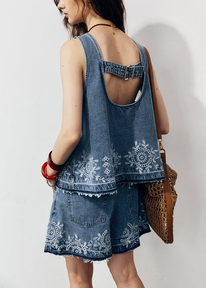 New Blue O Neck Embroidered Denim Two Pieces Set Summer