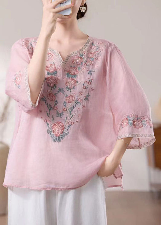 New Blue O Neck Embroidered Linen Blouses Bracelet Sleeve
