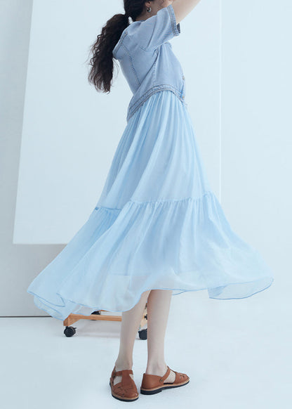New Blue Peter Pan Collar Asymmetrical Denim Patchwork Silk Dress Summer