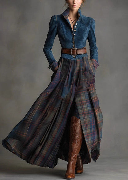 New Blue Peter Pan Collar Faux Suede Patchwork Plaid Cotton Dress Fall