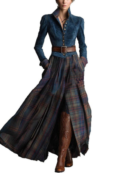 New Blue Peter Pan Collar Faux Suede Patchwork Plaid Cotton Dress Fall