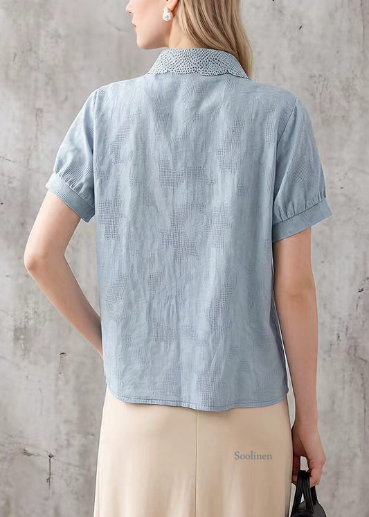 New Blue Peter Pan Collar Lace Patchwork Cotton Blouses Summer