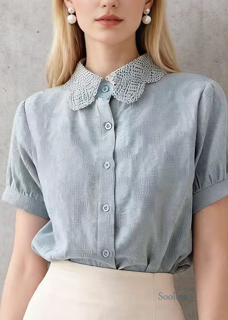 New Blue Peter Pan Collar Lace Patchwork Cotton Blouses Summer