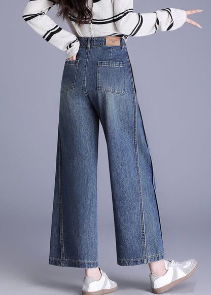 New Blue Pockets Patchwork Denim Crop Pants Spring