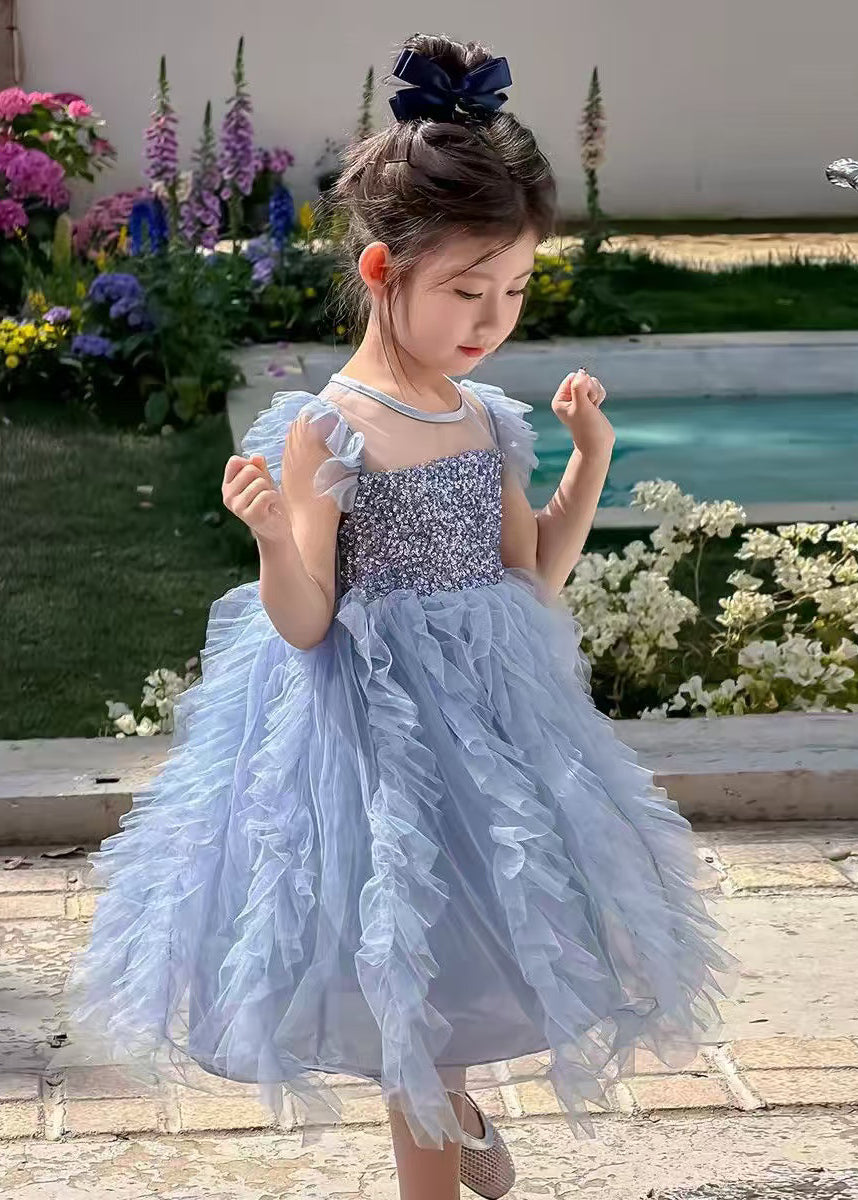 New Blue Sequins Patchwork Tulle Kids Girls Robe Dresses Summer