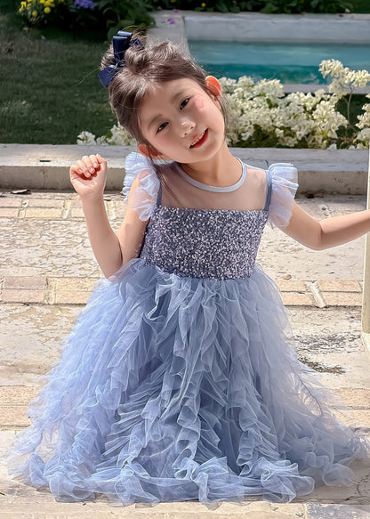 New Blue Sequins Patchwork Tulle Kids Girls Robe Dresses Summer