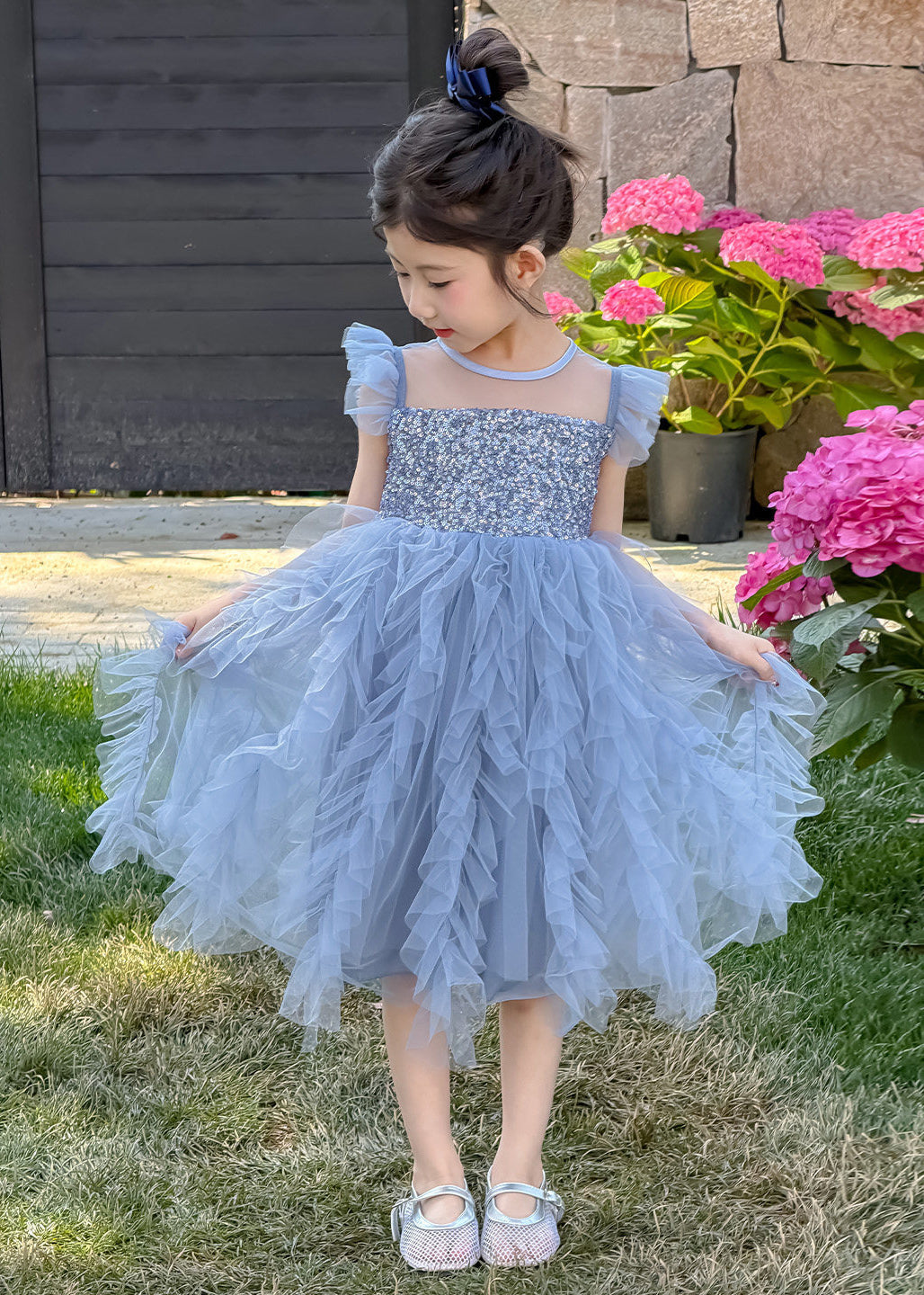 New Blue Sequins Patchwork Tulle Kids Girls Robe Dresses Summer