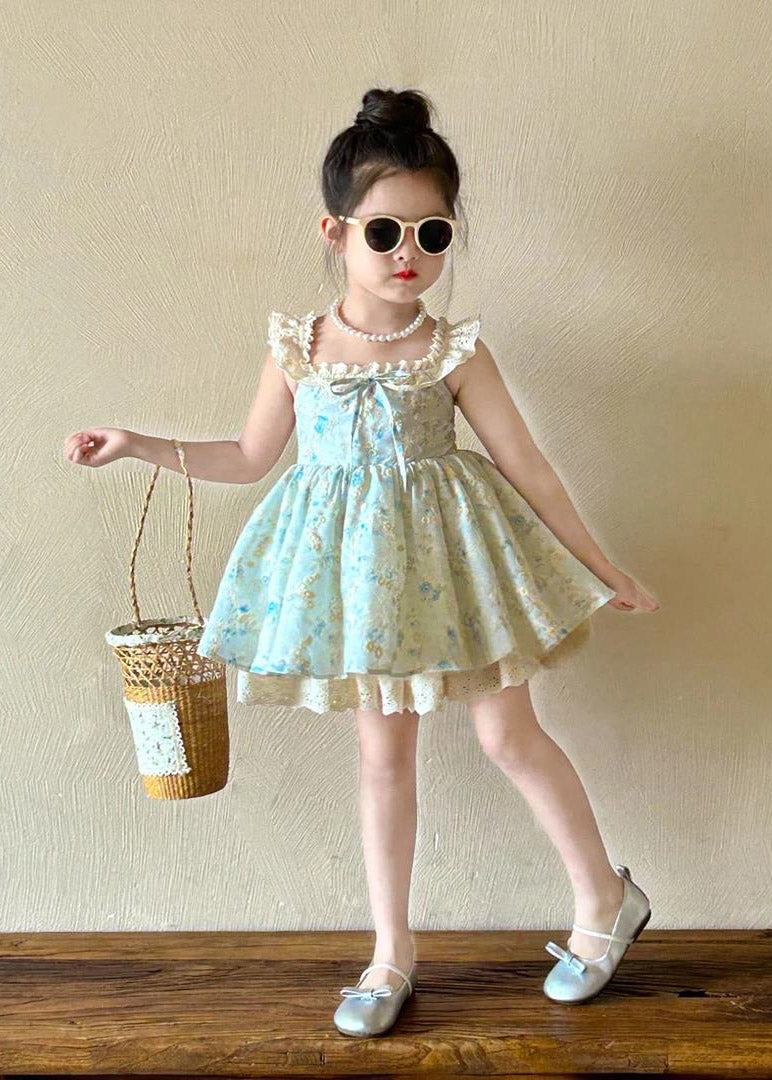 New Blue Square Collar Print Kids Mid Spaghetti Strap Dress Sleeveless