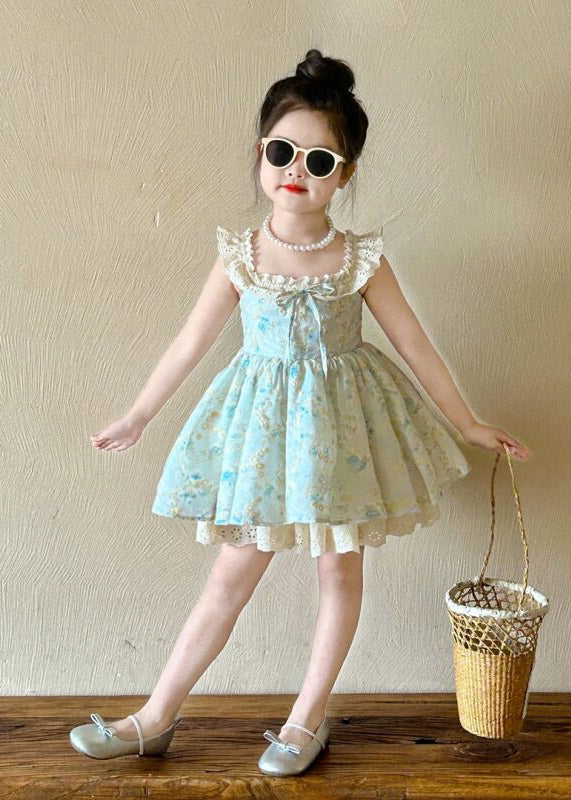 New Blue Square Collar Print Kids Mid Spaghetti Strap Dress Sleeveless