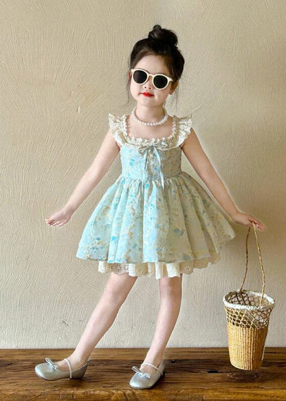New Blue Square Collar Print Kids Mid Spaghetti Strap Dress Sleeveless