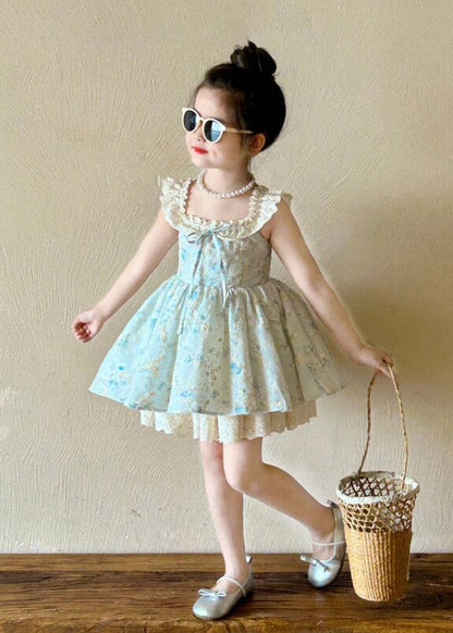 New Blue Square Collar Print Kids Mid Spaghetti Strap Dress Sleeveless