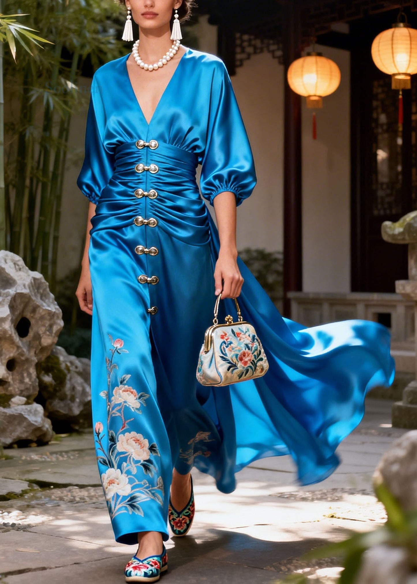 New Blue V Neck Print Patchwork Silk Dresses Summer