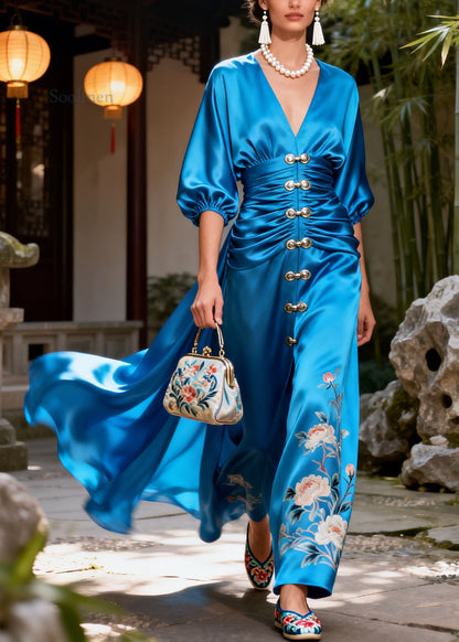 New Blue V Neck Print Patchwork Silk Dresses Summer