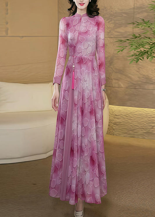 New Chinese Style Pink Stand Collar Print Chiffon Dress Fall