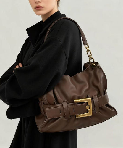 New Coffee Pleated Belt Buckle Faux Leather Shoulder Bag
