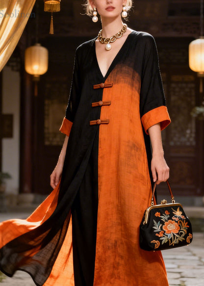 New Colorblock V Neck Oriental Button Patchwork Cotton Long Dresses Summer