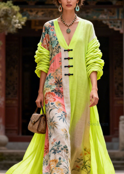 New Colorblock V Neck Print Patchwork Cotton Dress Summer