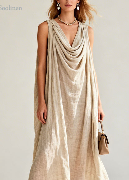 New Draped Neckline Floral Patchwork Linen Long Dresses Sleeveless