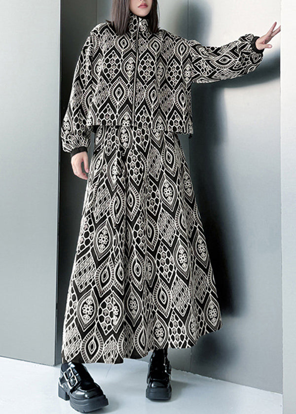New Embroidered High Collar Print Top And Skirt Two Piece Set For Autumn