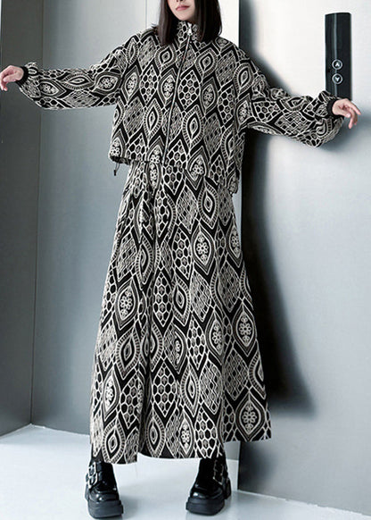 New Embroidered High Collar Print Top And Skirt Two Piece Set For Autumn