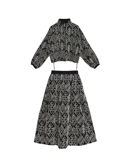 New Embroidered High Collar Print Top And Skirt Two Piece Set For Autumn