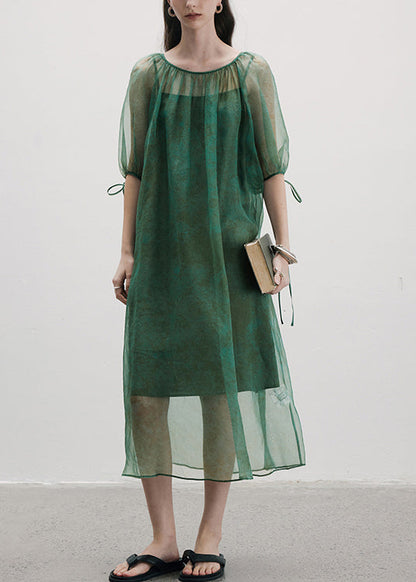 New Green O-Neck Lace Up Patchwork Silk Dress Summer