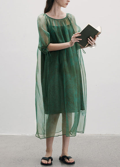 New Green O-Neck Lace Up Patchwork Silk Dress Summer