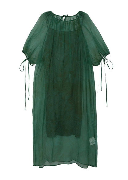 New Green O-Neck Lace Up Patchwork Silk Dress Summer
