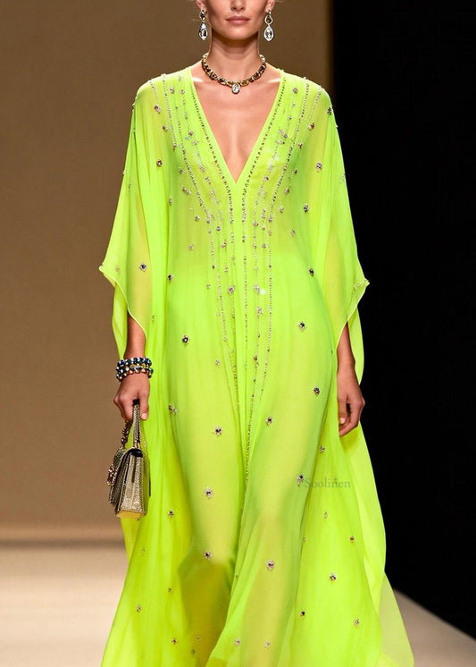 New Green V Neck Zircon Patchwork Chiffon Dresses Summer