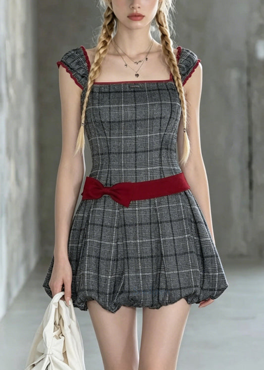 New Grey Square Collar Plaid Bow Cotton Mini Dresses Summer