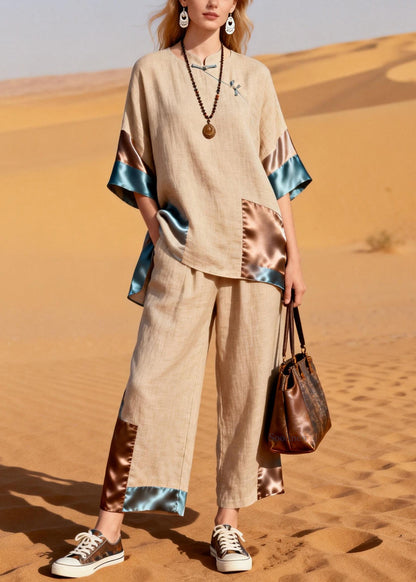 New Khaki Stand Collar Chinese Button Patchwork Silk Linen Two Pieces Set Half Sleeve
