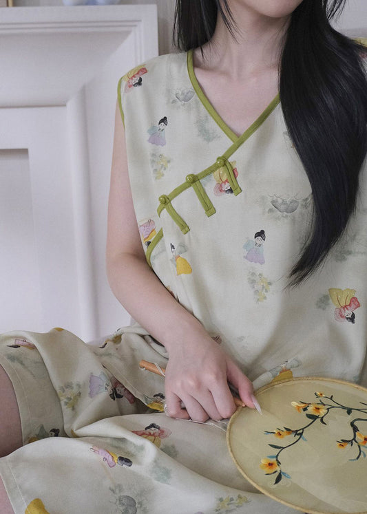 New Light Green Patchwork Side Open Pajamas Sets
