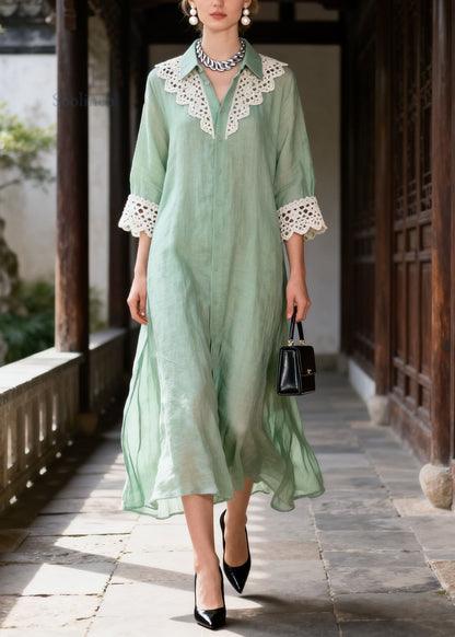 New Light Green Peter Pan Collar Lace Patchwork Cotton Dress Summer