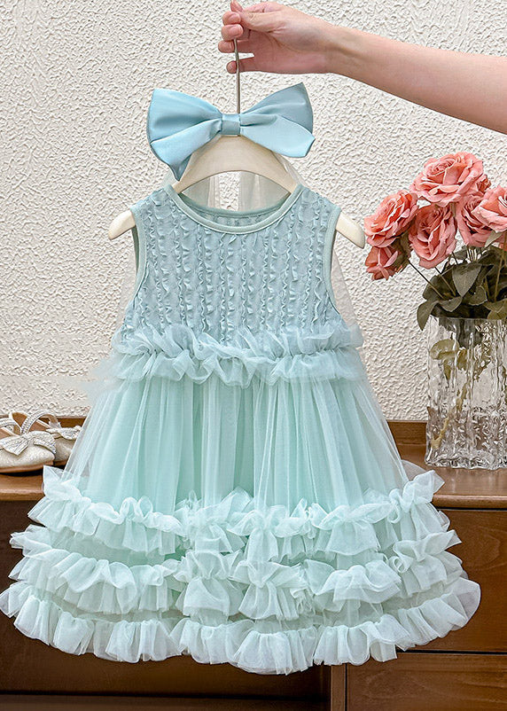 New Light Green Ruffled Patchwork Bow Tulle Kids Long Dress Sleeveless