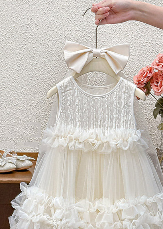 New Light Green Ruffled Patchwork Bow Tulle Kids Long Dress Sleeveless